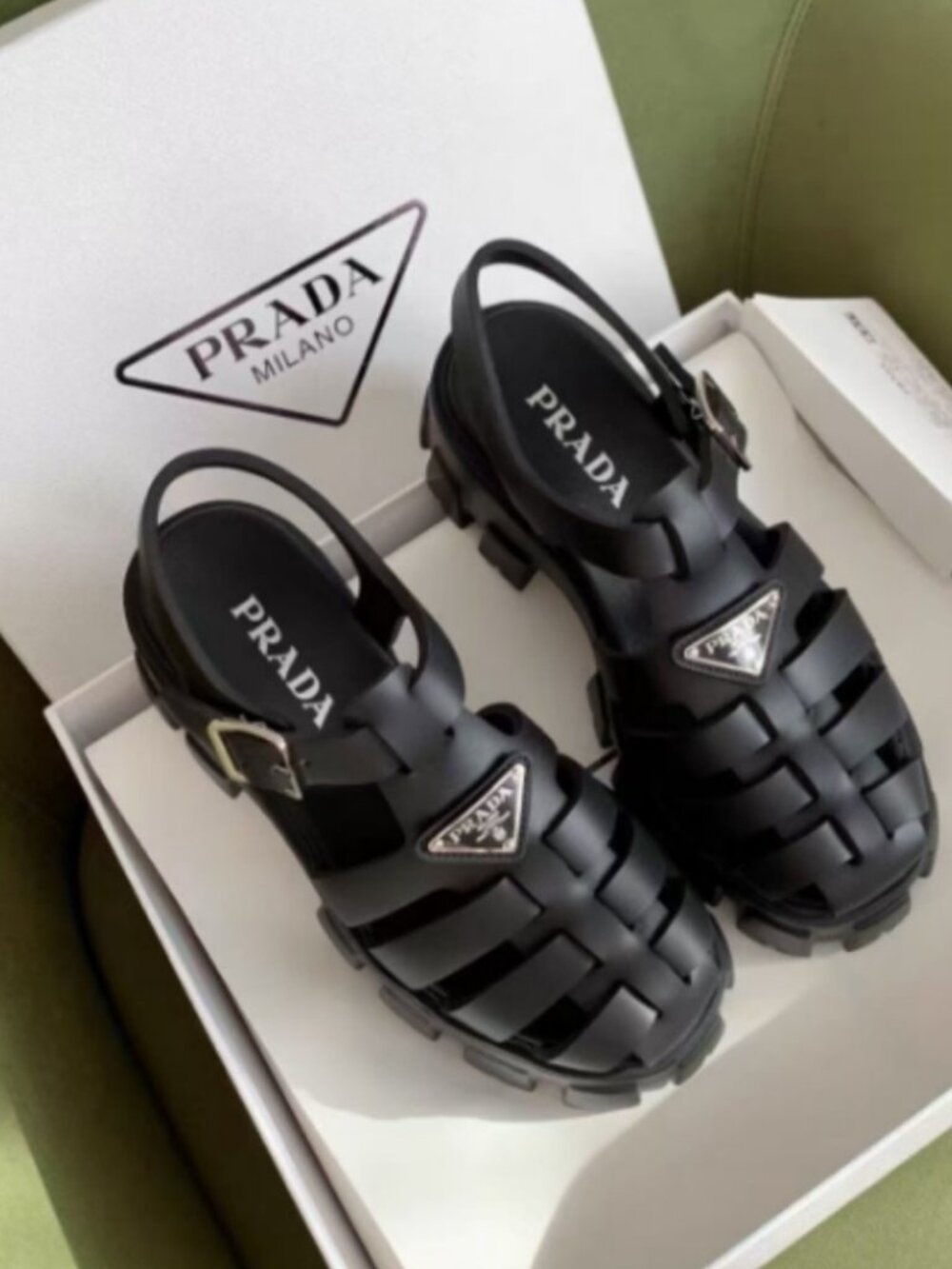 Prada Black Caged Jelly Sandals with Logo Plaque